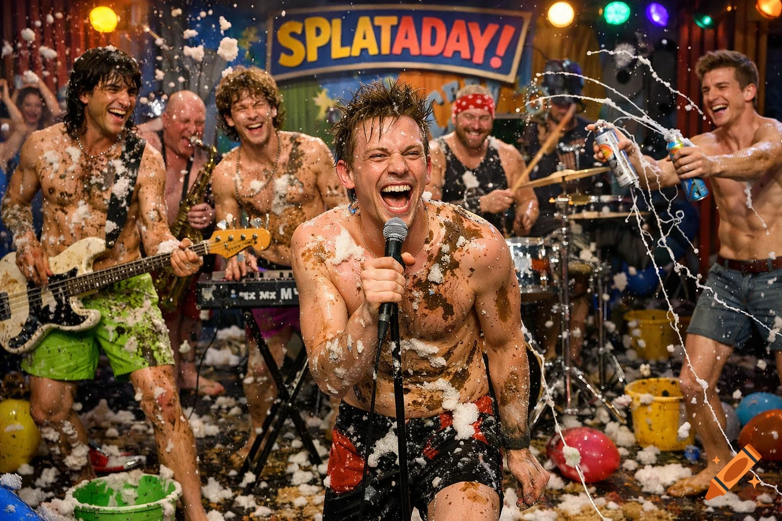 A male band performs on a messy TV show stage, covered in foam and mud, laughing as a host sprays silly string.