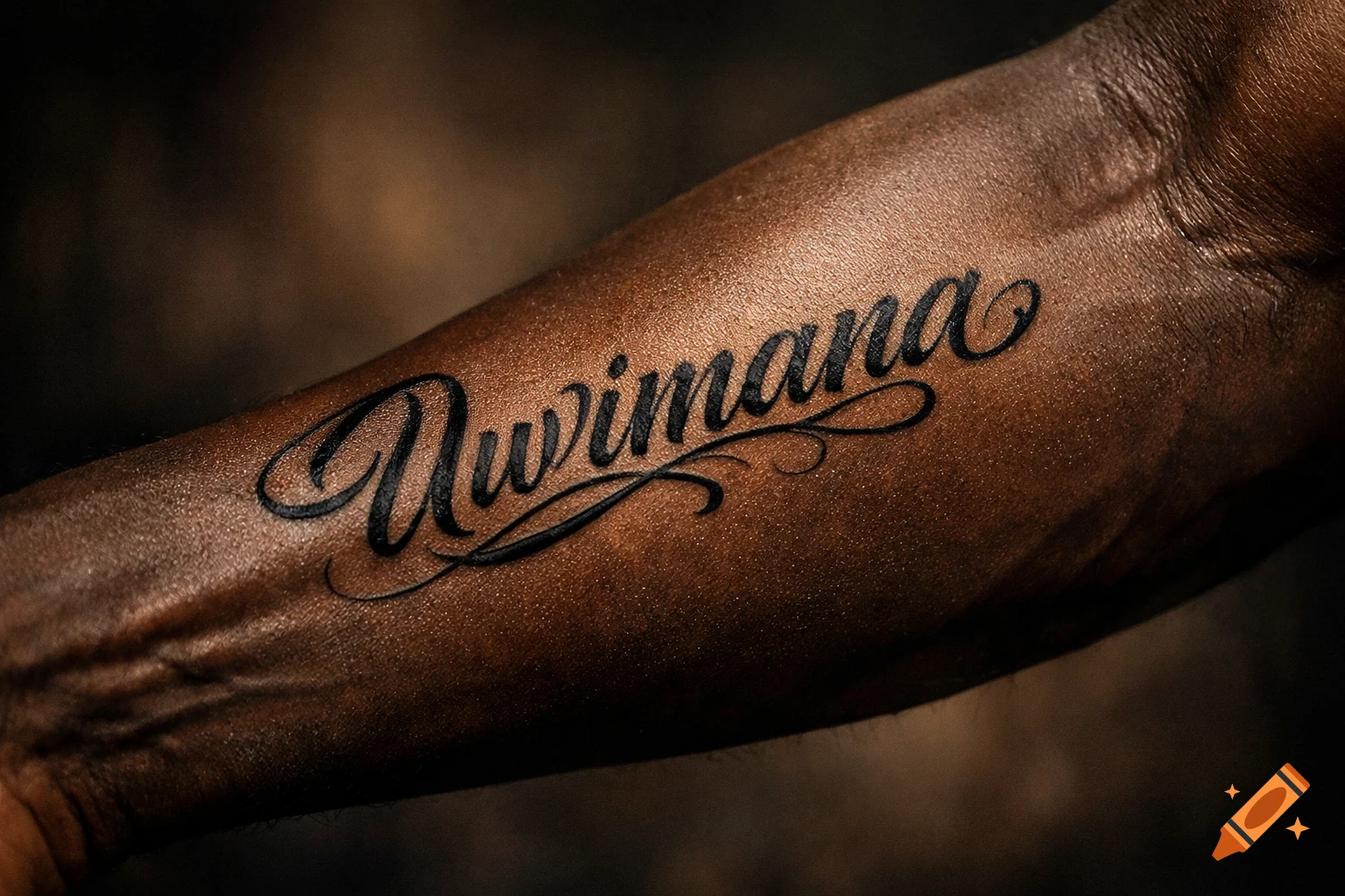 Close-up photorealistic shot of a dark-skinned forearm with the cursive tattoo 'Uwimana'.