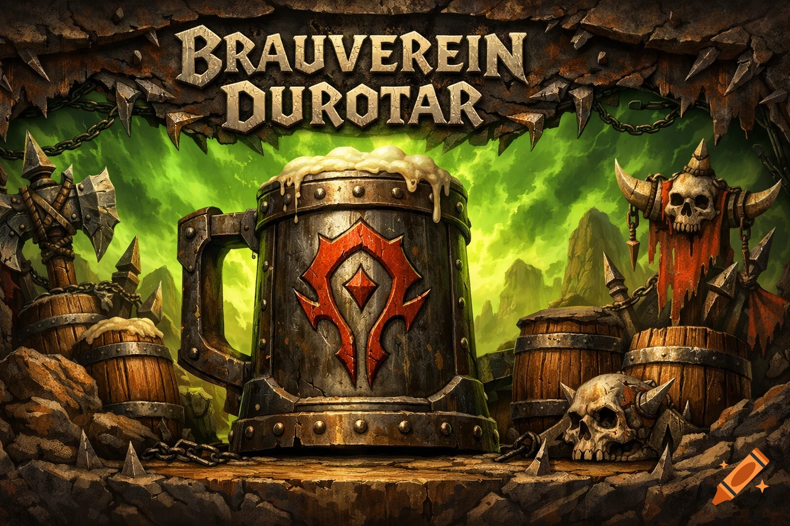 Stylized fantasy art of a large metallic beer mug with a red Horde logo, surrounded by barrels, axes, and skulls under a green sky. Text 'BRAUVEREIN DUROTAR'.