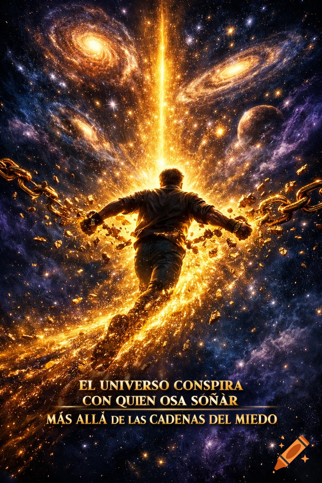 Man breaking golden chains, surrounded by cosmic light and galaxies, with inspirational Spanish text.