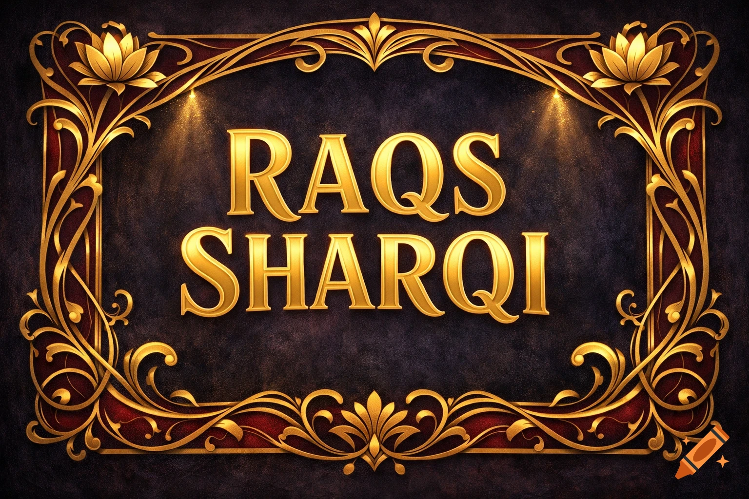 Golden 'RAQS SHARQI' text on a dark background, framed by an ornate gold and red art nouveau border.