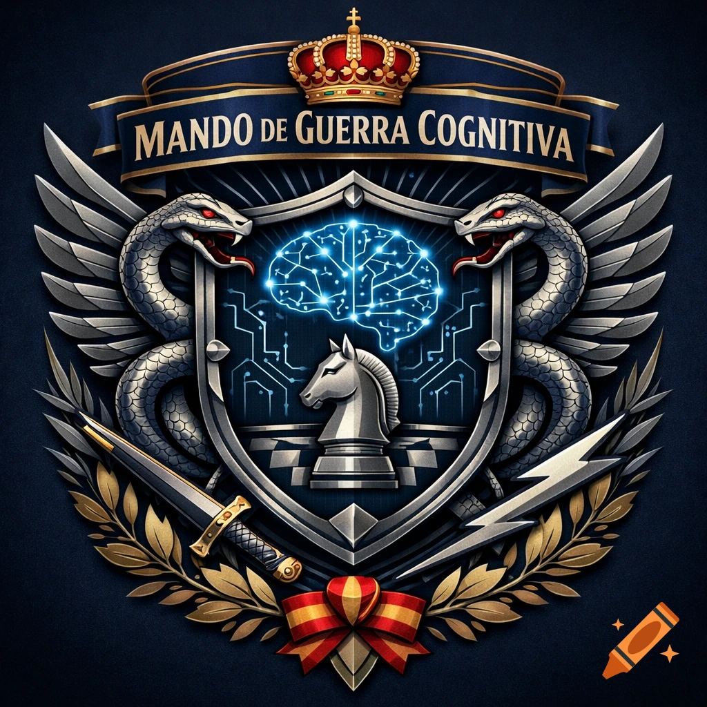 A detailed metallic crest with a crown, winged serpents, and a glowing circuit brain. Text reads "MANDO DE GUERRA COGNITIVA".