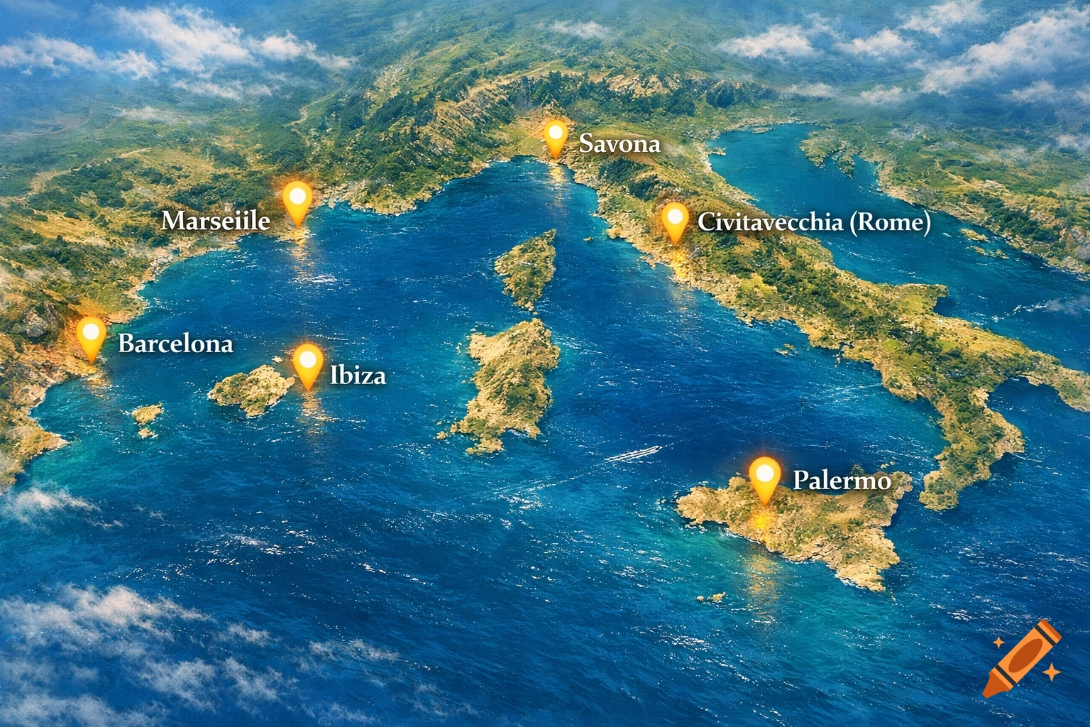 A detailed 3D map of the Mediterranean Sea with orange pins marking Marseille, Barcelona, Ibiza, Savona, Civitavecchia (Rome), and Palermo.