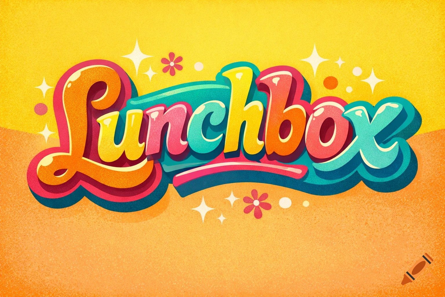 Colorful retro 60s style lettering for "Lunchbox" with sparkles on a yellow and orange background.
