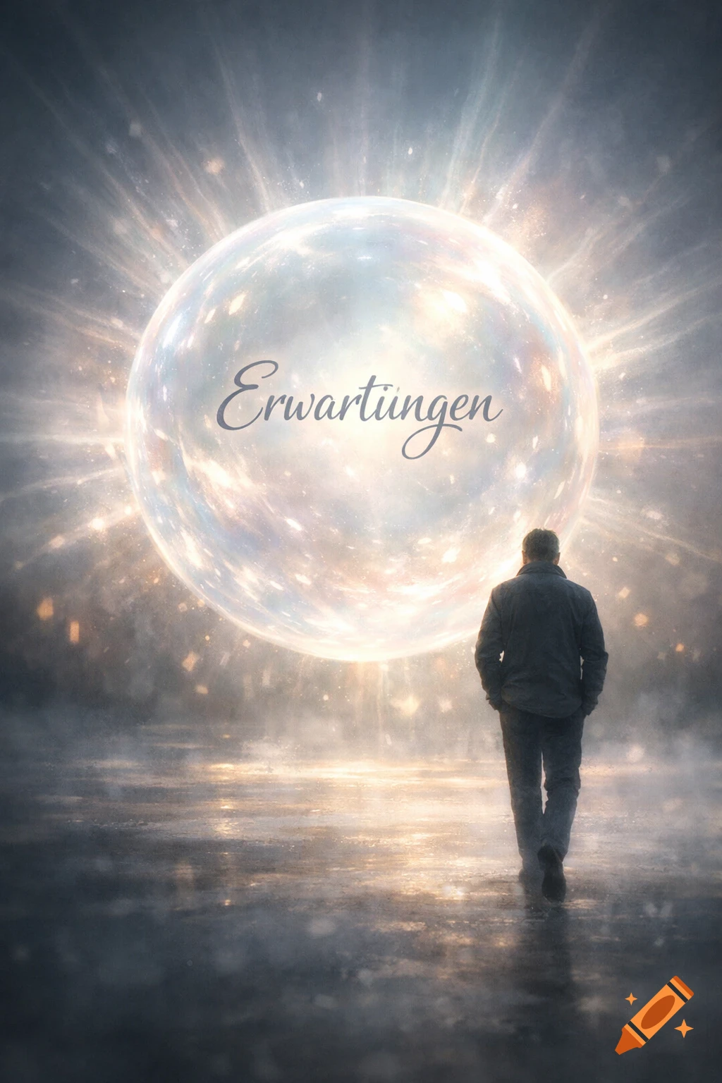 A man walks away from a glowing sphere with the word 'Erwartungen' (Expectations) on it, set against a dark, misty background.