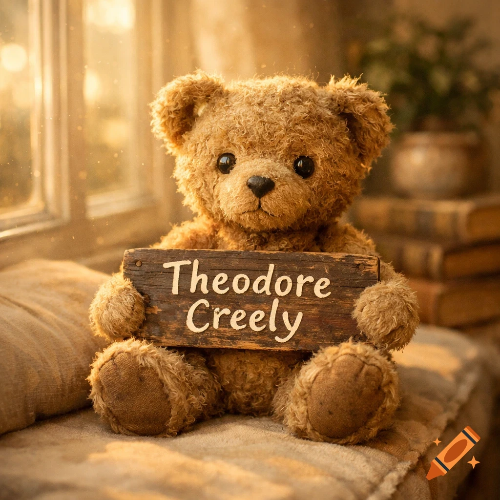 A photorealistic teddy bear holding a wooden sign that reads 'Theodore Creely' in warm sunlight by a window.