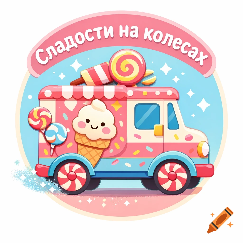 A cute cartoon-style sweet truck, pink and blue with sprinkles, featuring a smiling ice cream cone character and lollipops, reads "Sweets on wheels" in Russian.