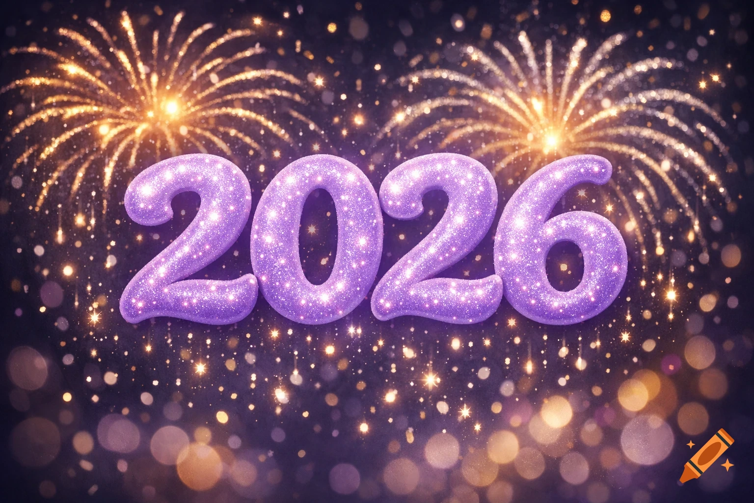 Glittering purple numbers "2026" against a dark background with golden fireworks and sparkling bokeh lights.