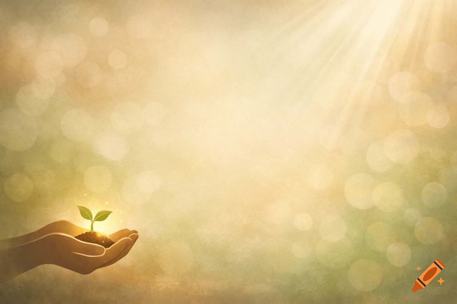 Hands gently cup a glowing green plant sprout in soil, set against a warm, soft-focus background with sunlight.