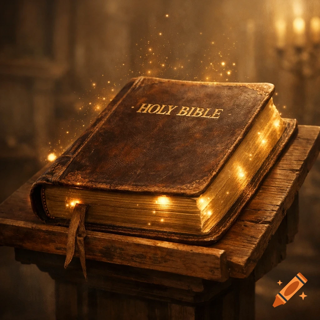 An ancient, glowing Holy Bible rests on a wooden stand, emitting golden light and sparkles in a dimly lit, sacred setting.