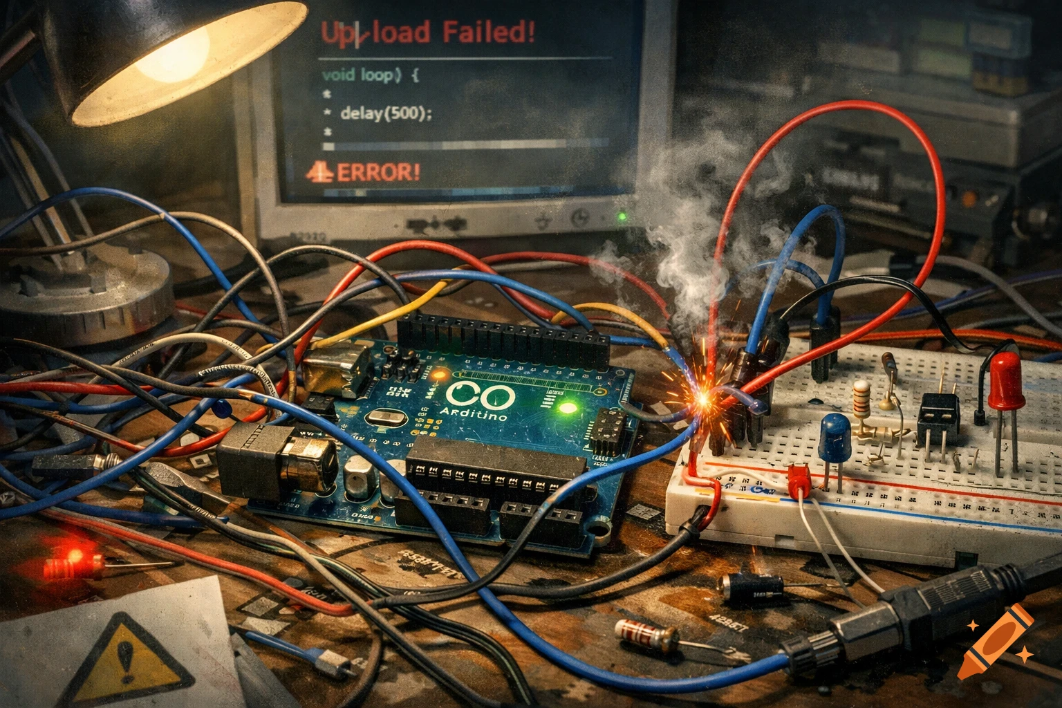 Close-up of an Arduino-like circuit board and breadboard on a cluttered desk, sparking and smoking. A monitor in the background displays 'Upload Failed! ERROR!', under a desk lamp.