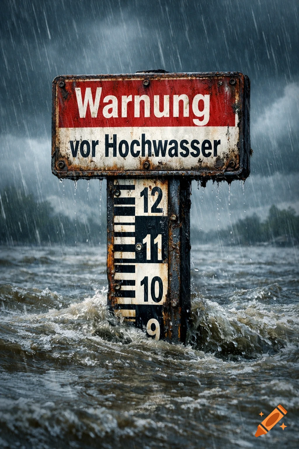 A rusty flood warning sign in German, 'Warnung vor Hochwasser', and a water level gauge partially submerged in turbulent water during heavy rain.