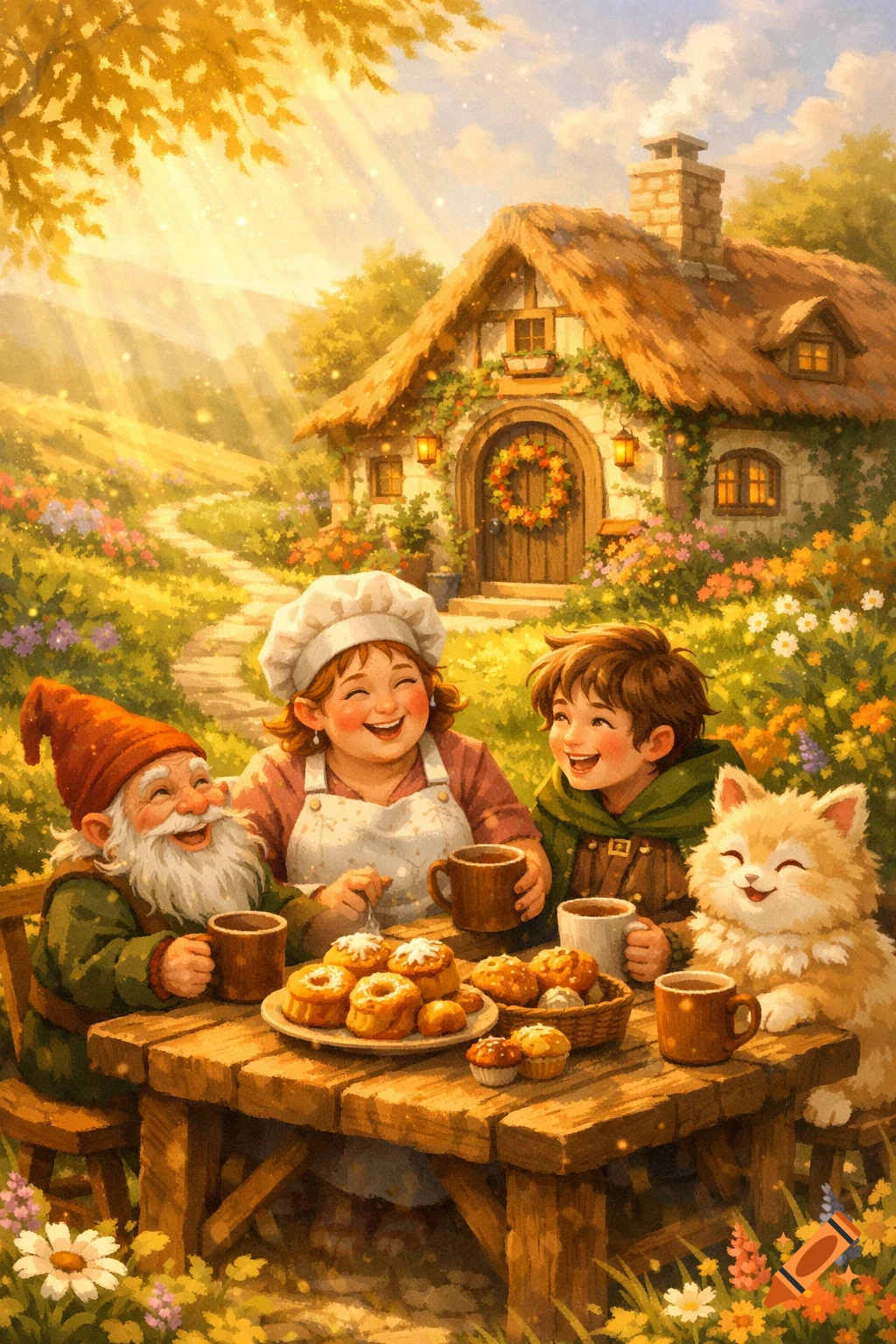 A gnome, a woman chef, a child, and a cat laugh at a table with mugs and pastries in front of a sunny, flower-covered cottage in a charming illustration.