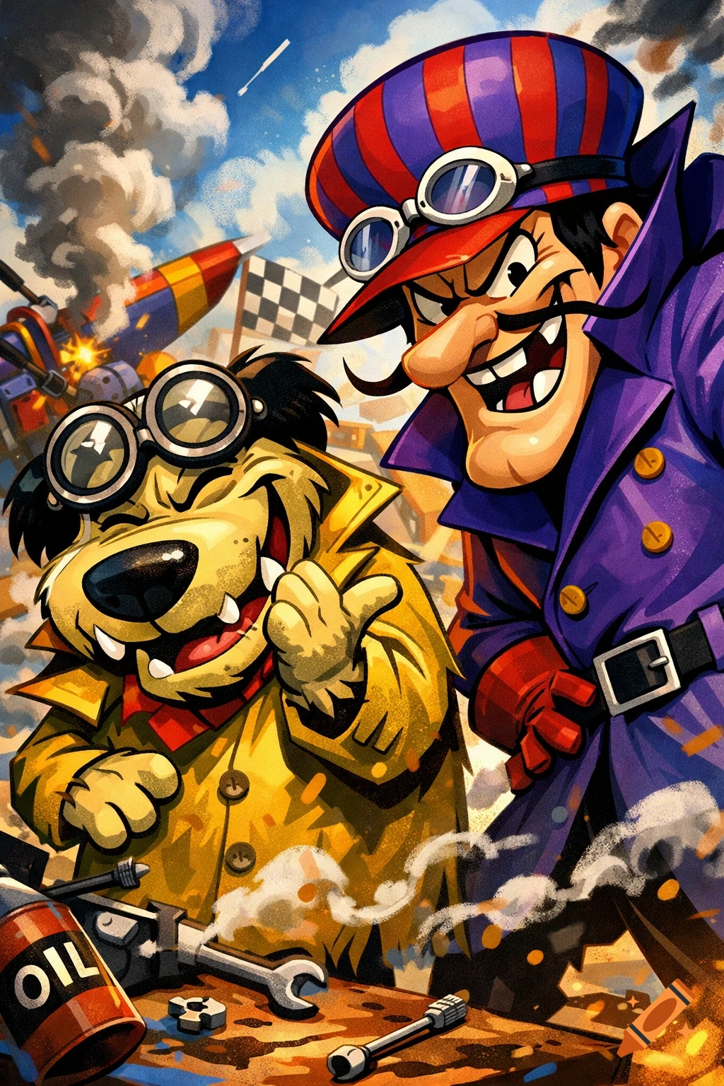Cartoon of Dick Dastardly with 3 teeth and Muttley in an overcoat and goggles, laughing amidst tools and a smoking rocket.