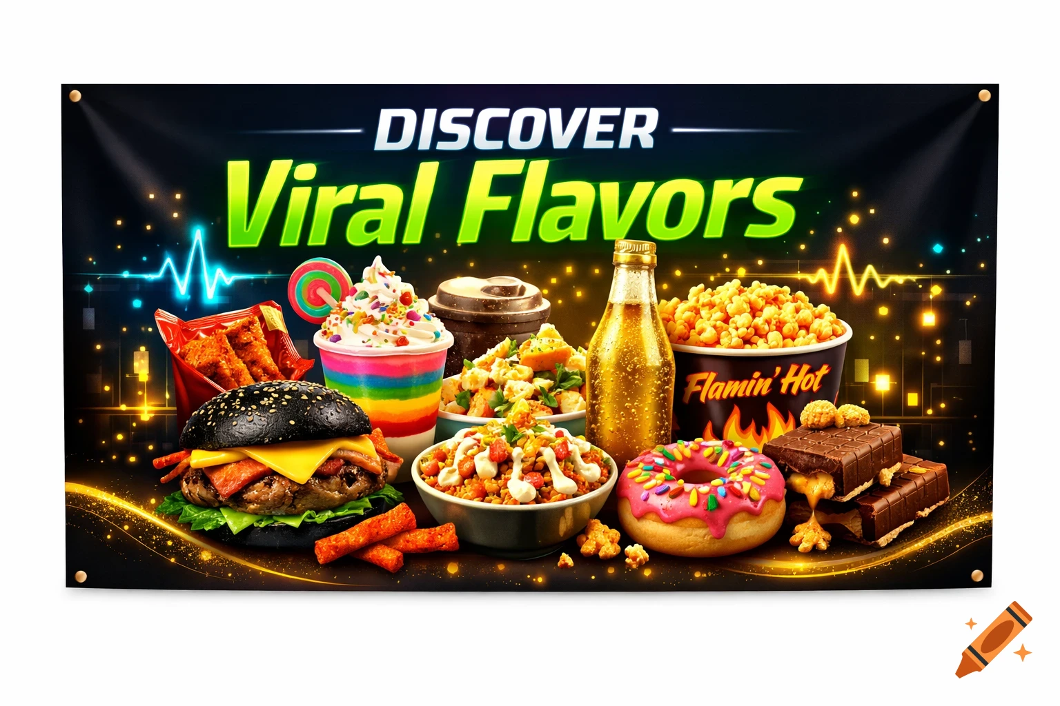 A vibrant banner displaying various trendy food items: a black bun burger, milkshake, popcorn, donut, and chocolate, with text "DISCOVER Viral Flavors".