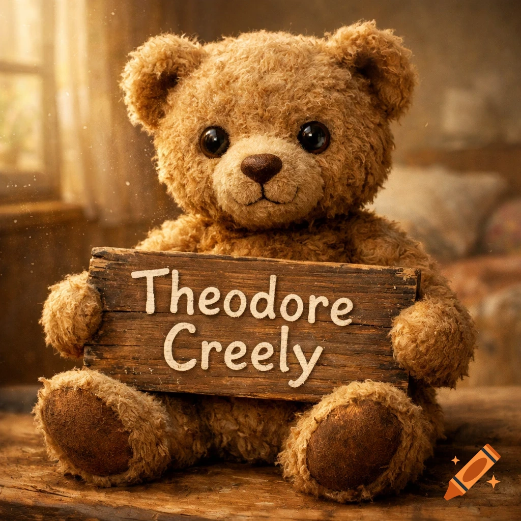 Fluffy brown teddy bear sitting and holding a wooden sign that says "Theodore Creely" in a warm, cozy setting.