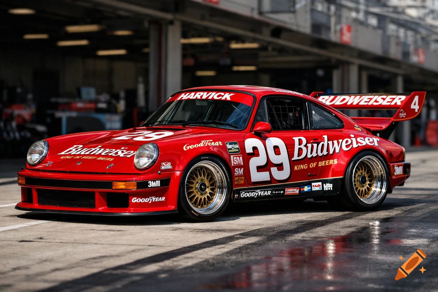 A highly detailed, ultra-realistic photograph of a red Porsche 934 race car with Budweiser and #29 livery, parked on a racetrack pit lane with subtle motion blur.