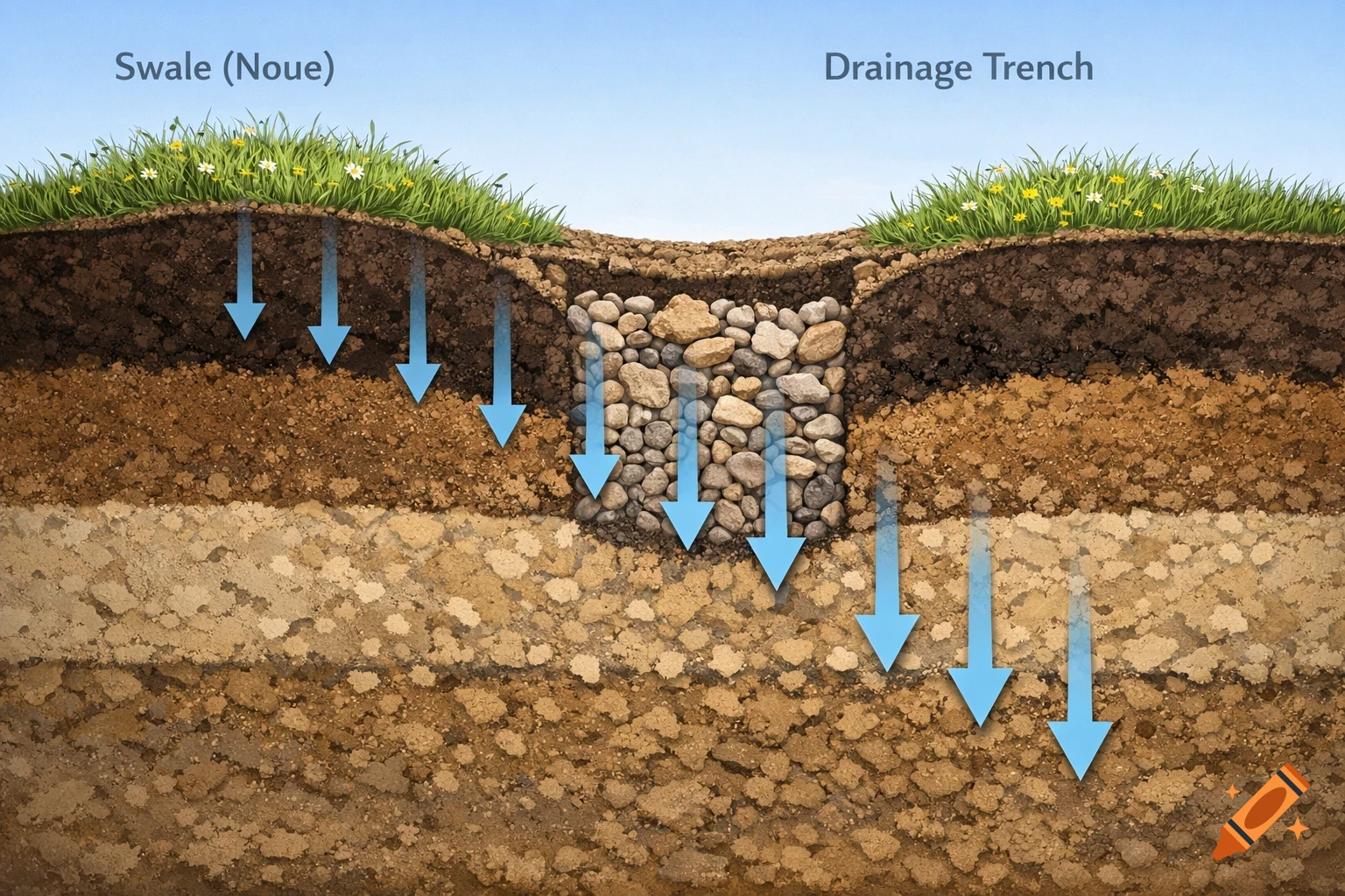 An illustrative cross-section showing water infiltration into a swale and a rock-filled drainage trench through layers of soil.
