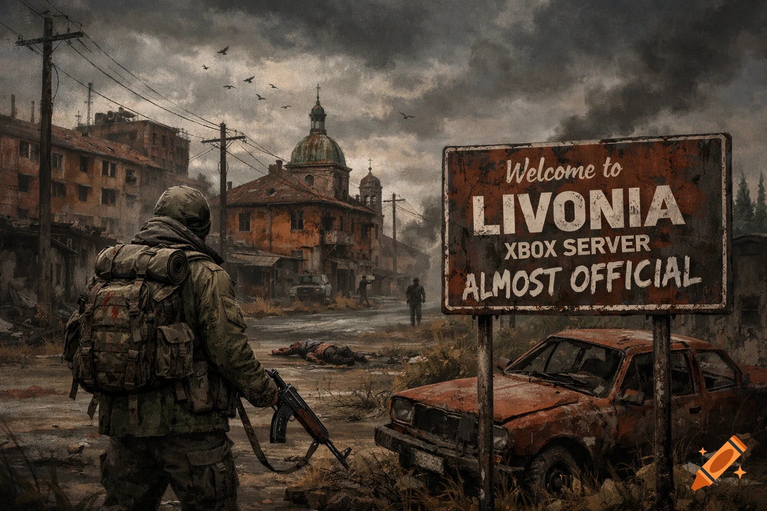 A soldier in tactical gear stands in a ruined, post-apocalyptic town with a "Welcome to Livonia" sign, a dead body, and a destroyed car.