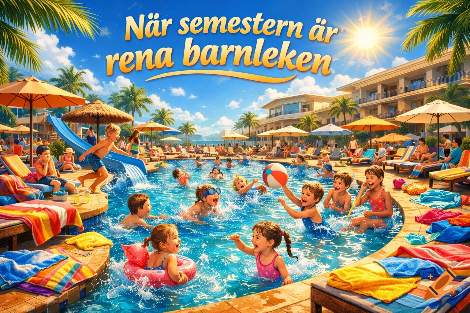 Vibrant illustration of children playing in a crowded resort pool under a sunny sky with palm trees, with text 'När semestern är rena barnleken'.