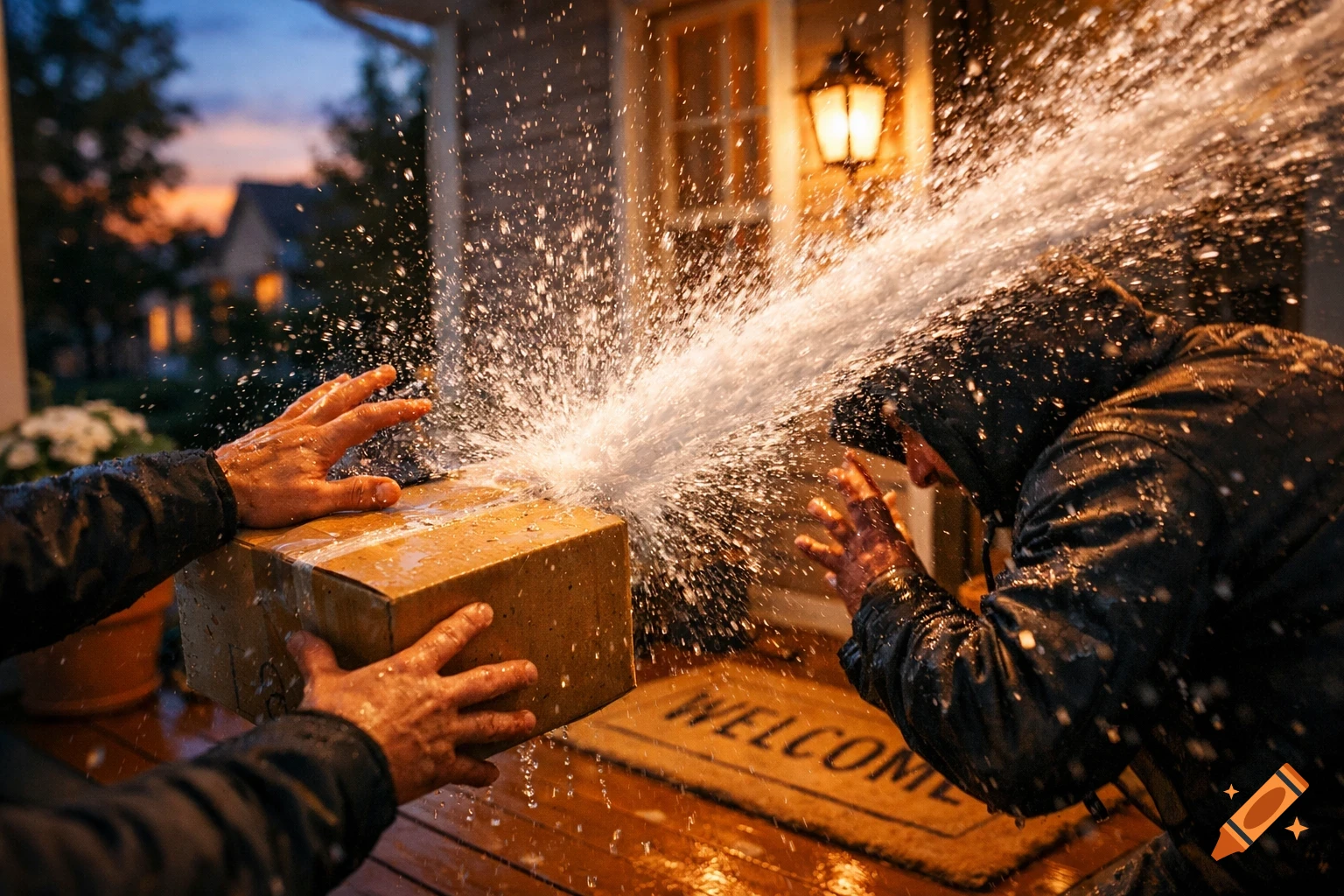 Two people getting drenched by a strong water stream hitting a cardboard package on a porch with a 'WELCOME' mat at dusk.