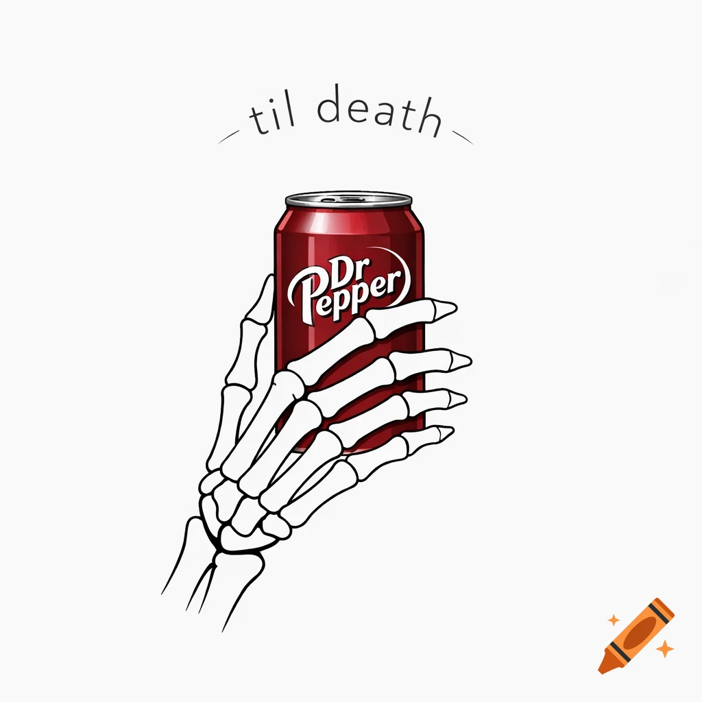A minimalist illustration of a skeleton hand holding a Dr. Pepper can, with 'til death' curved above it on a white background.