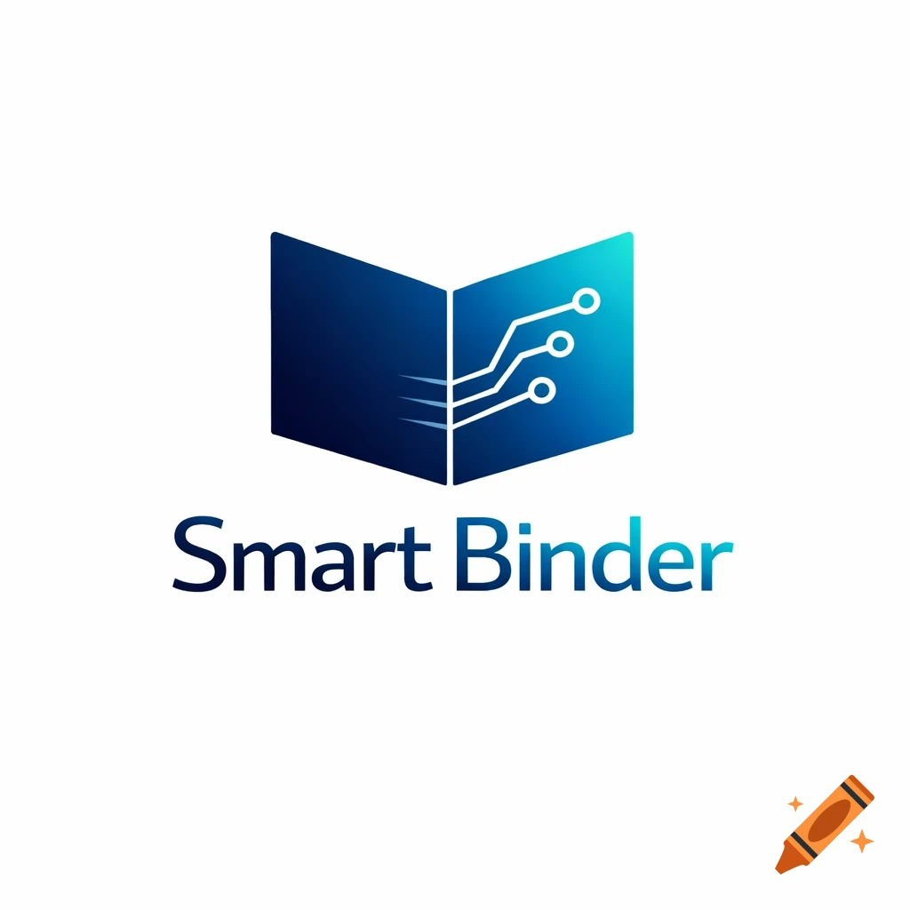 Logo for 'Smart Binder' brand, featuring an open blue book with circuit lines on a white background.