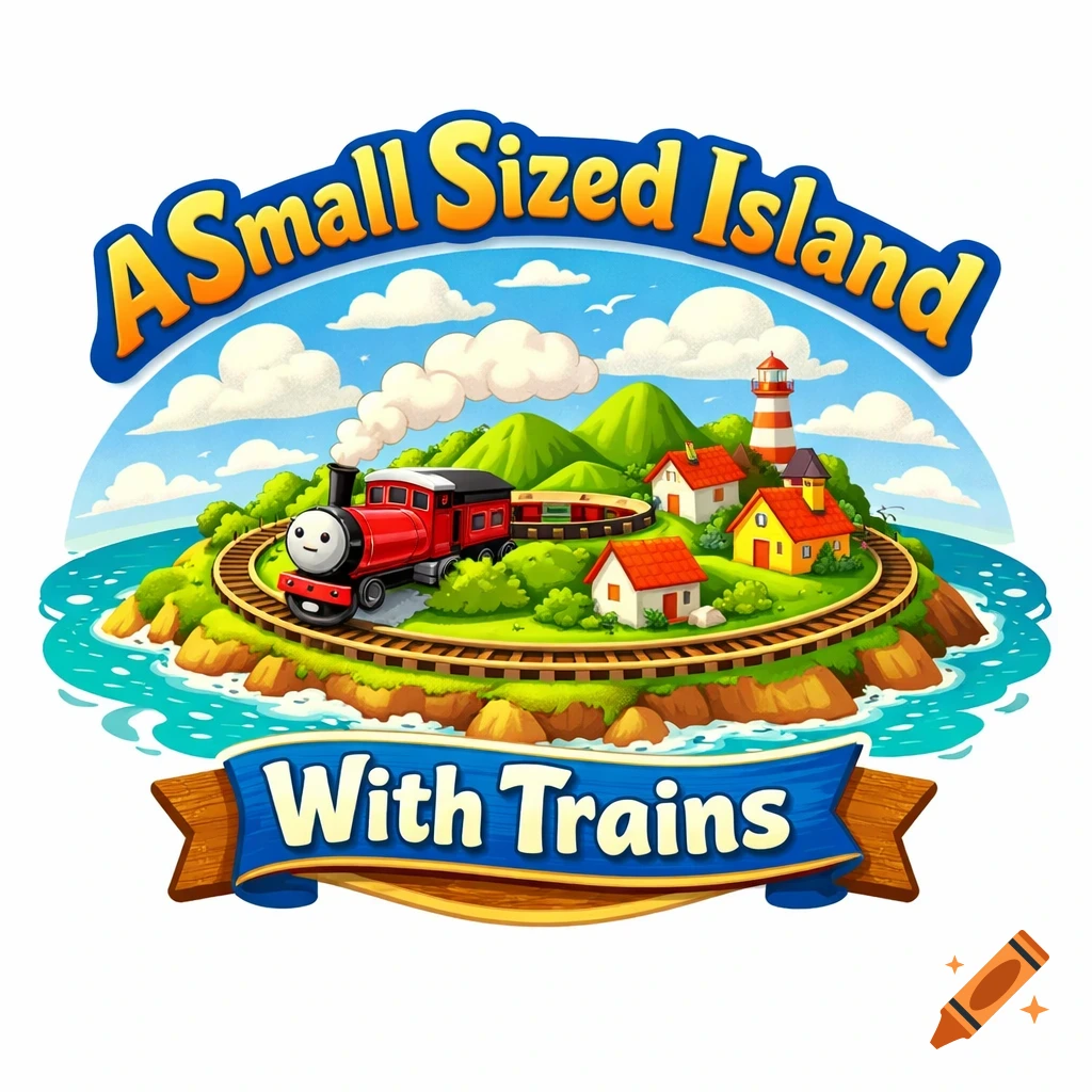 Cartoon logo of a small island with a red train, houses, and a lighthouse, reading 'A Small Sized Island With Trains'.