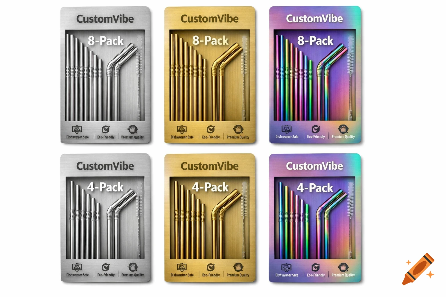 Six CustomVibe packages of reusable metal straws in silver, gold, and rainbow, with cleaning brushes, 8-pack and 4-pack sizes.