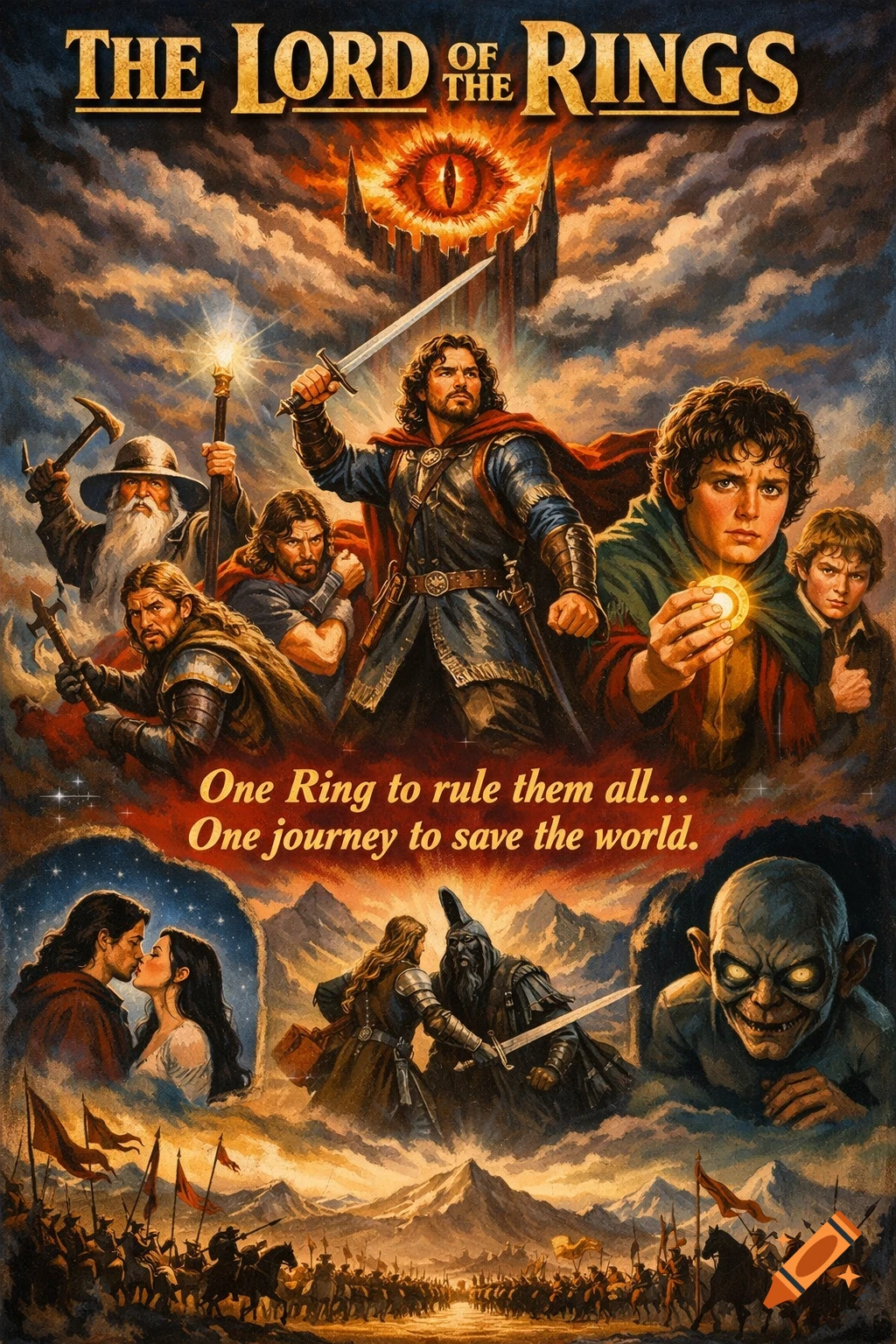 A vibrant, hand-painted style movie poster for 'The Lord of the Rings'. Features Aragorn, Frodo, Gandalf, other heroes, and Eye of Sauron.
