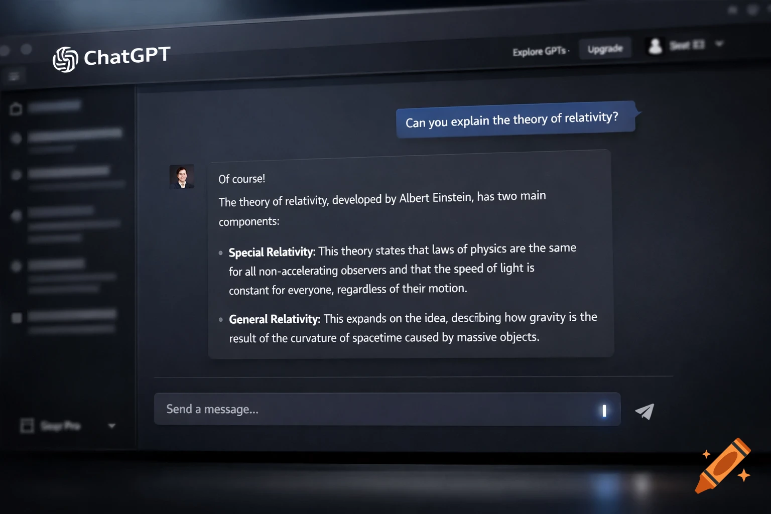 A photorealistic screenshot of the ChatGPT interface displaying a conversation about the theory of relativity.