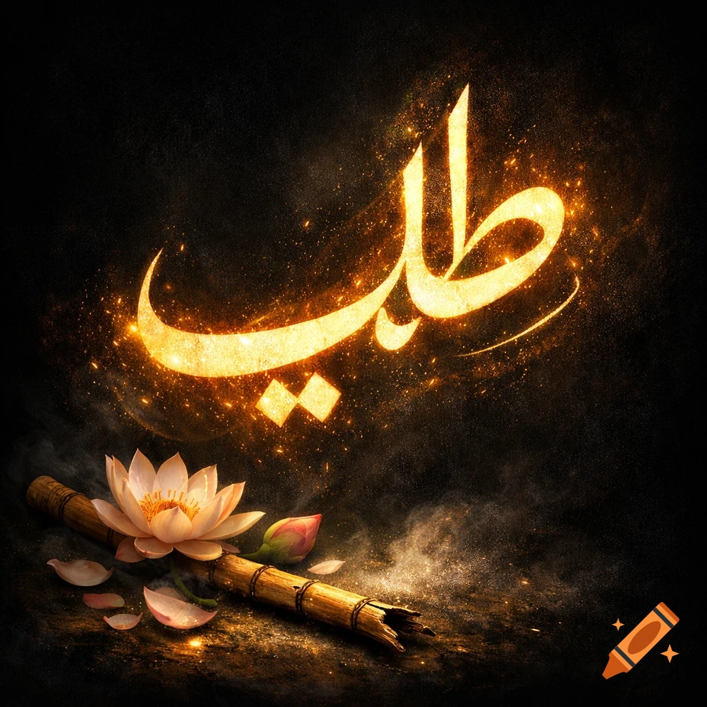 Golden, glowing Arabic calligraphy 'طلب' over a lotus flower and broken bamboo flute on a dark, sparkling background.