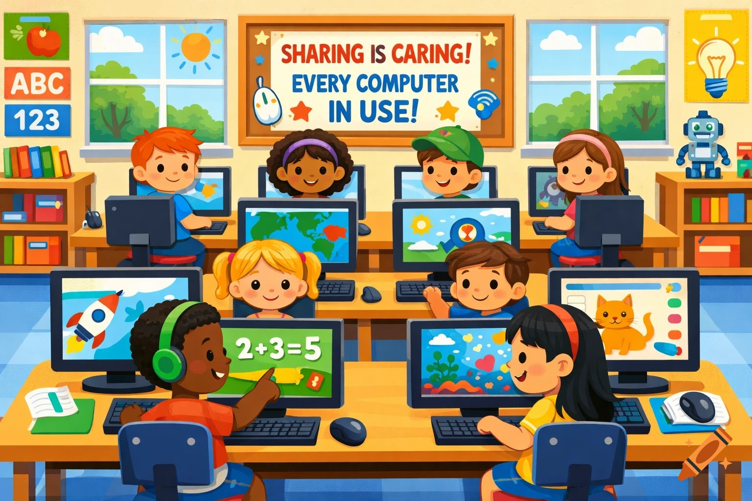 Cartoon illustration of diverse children happily using computers in an ...