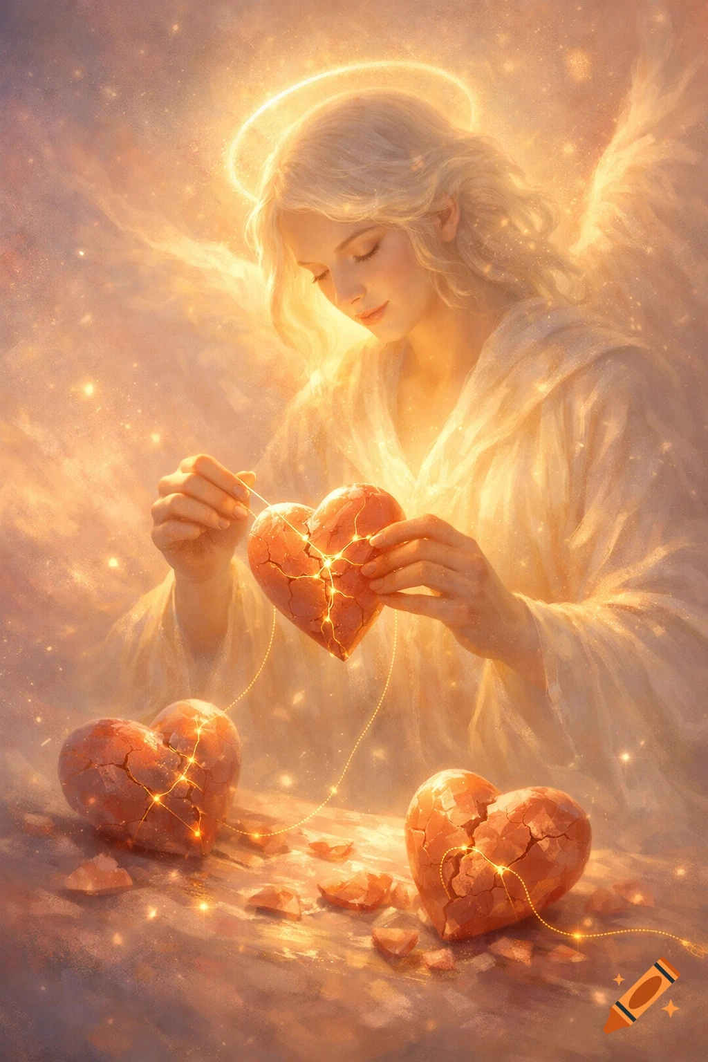 A serene blonde angel with a halo mends broken red hearts with glowing golden threads in a dreamy, warm, ethereal painting.
