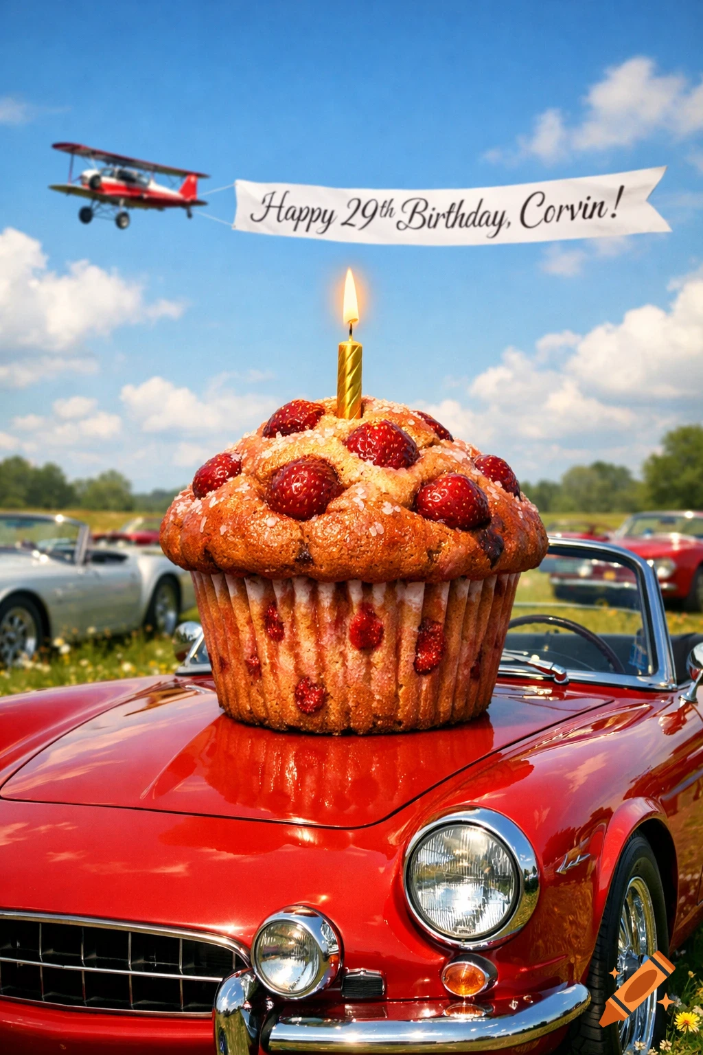 Giant strawberry muffin with a lit candle on a red classic car in a field. An antique plane flies a 'Happy 29th Birthday, Corvin!' banner.