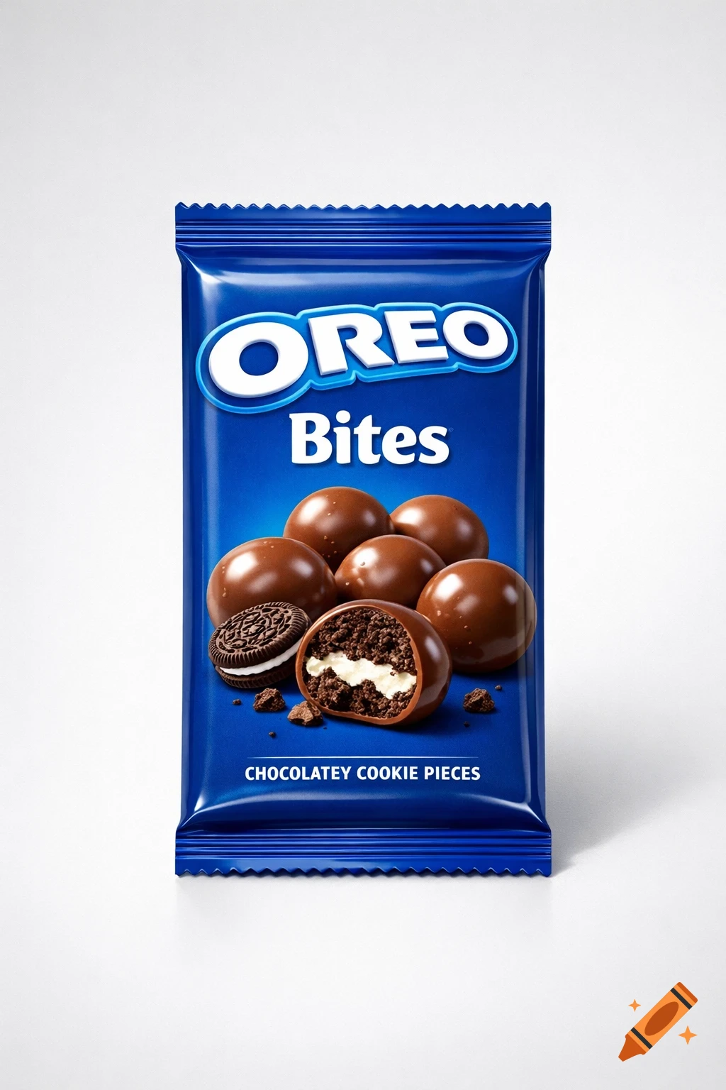 A blue and white Oreo Bites package featuring chocolate-covered cookie pieces, one broken open to show the cream filling.