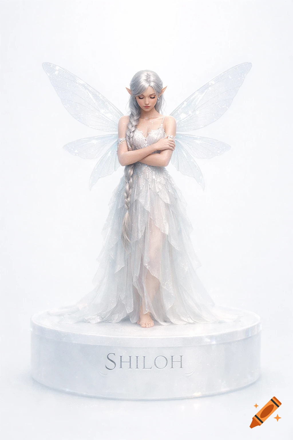 A photorealistic silver-haired fairy with pointed ears and translucent wings wears a layered white dress, standing on a pedestal with 'SHILOH'.