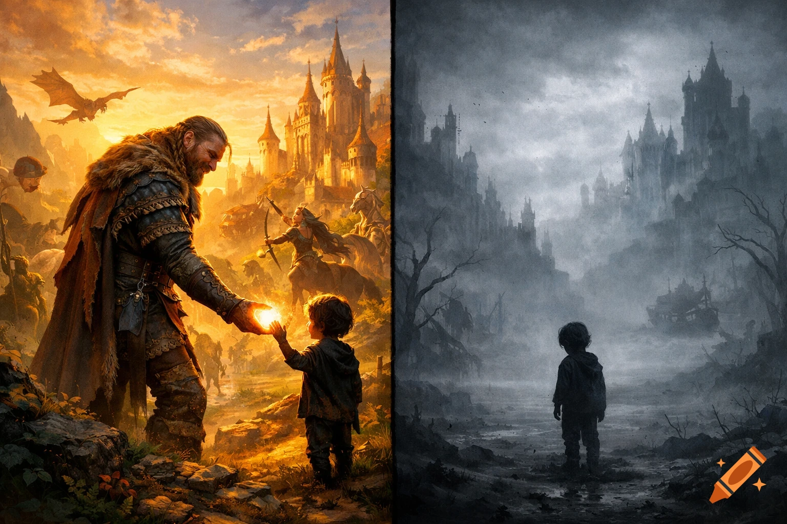 Split image: A warrior and child in a vibrant fantasy kingdom, and the child alone in a desolate, grey land with a ruined castle.