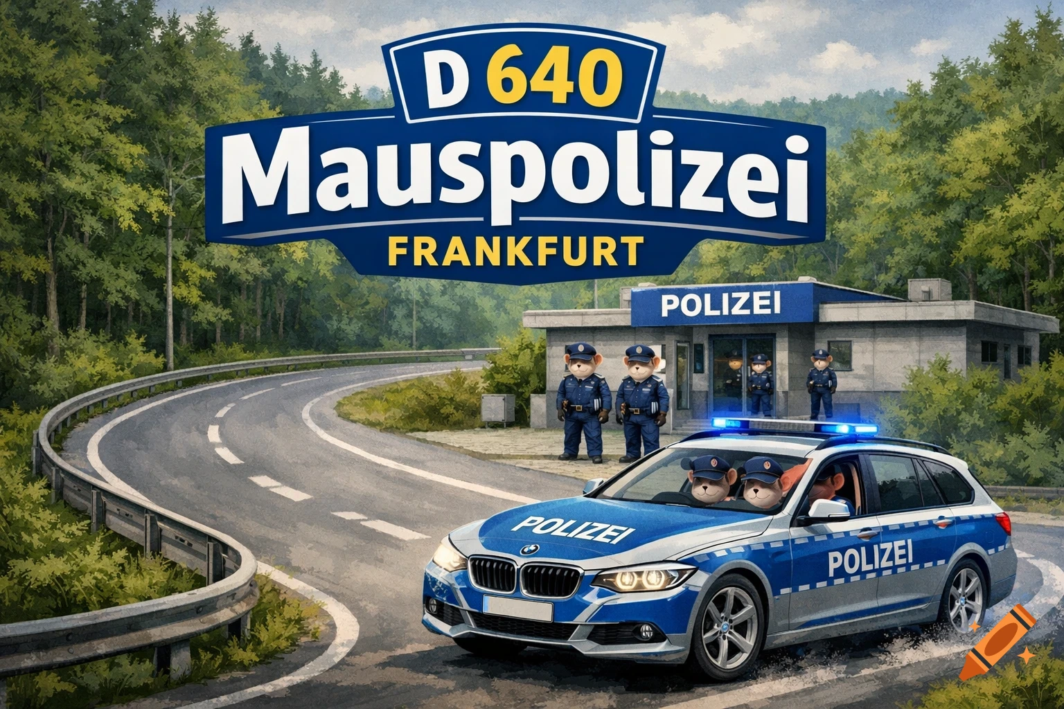 Cartoon mouse police officers in a BMW patrol car on a forest road near a police station, with a sign reading 'D 640 Mauspolizei FRANKFURT'.