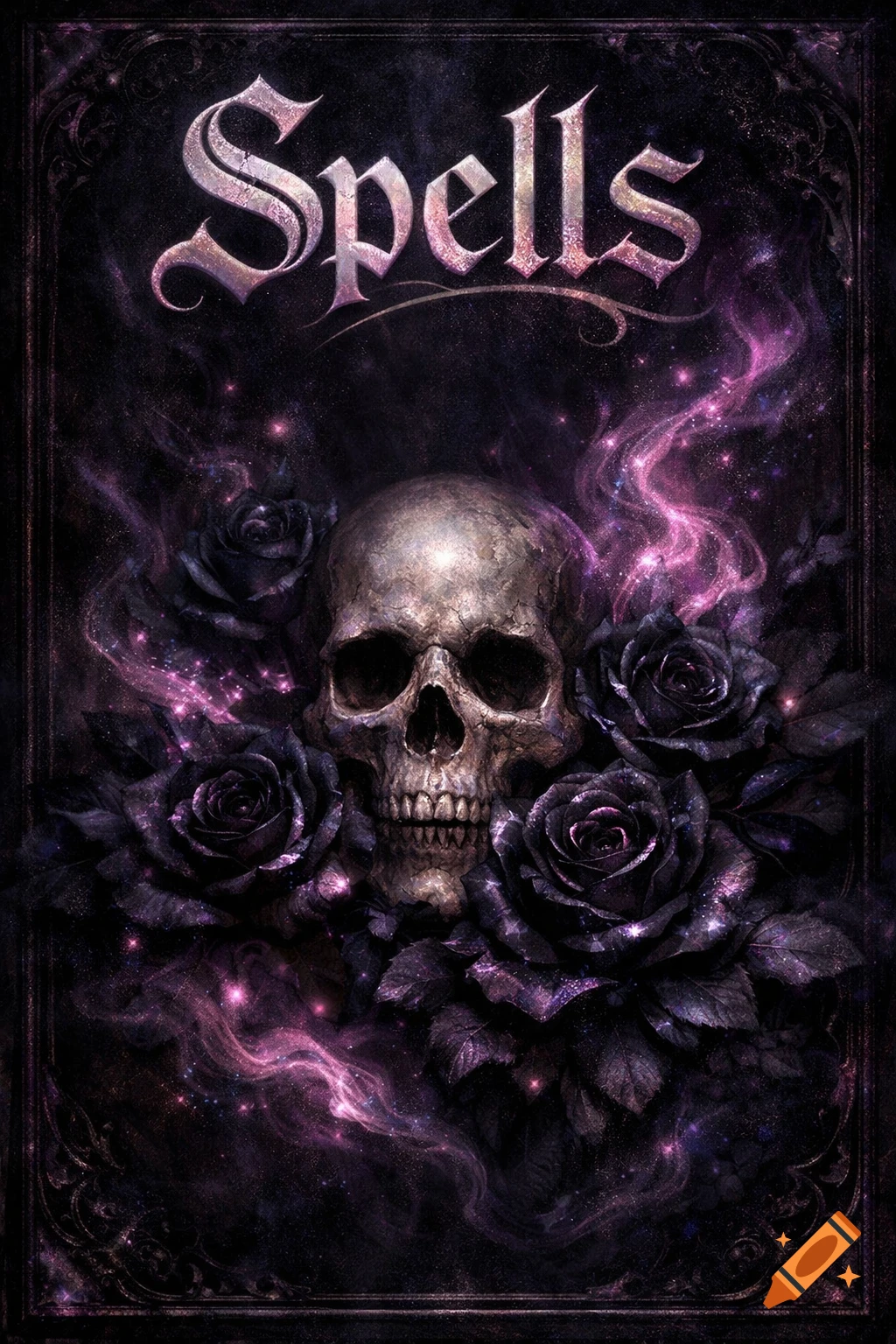 Gothic book cover with 'Spells' text, a skull, black roses, and glowing purple smoke.