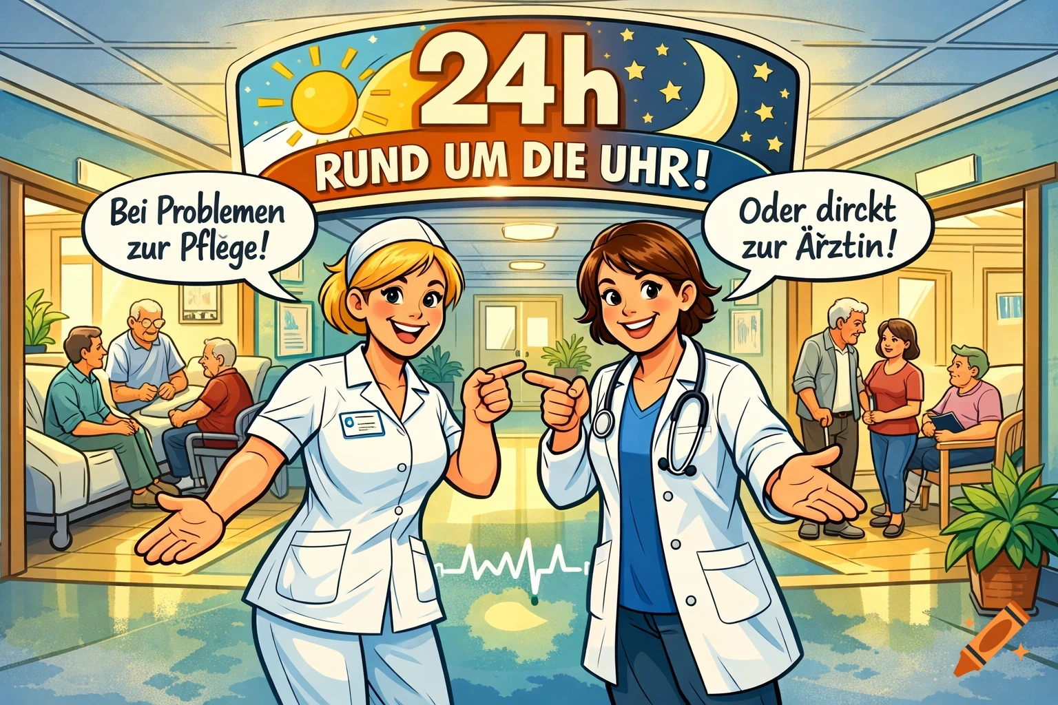 Comic illustration of a nurse and a doctor in a bright rehab clinic, welcoming patients. A sign above reads "24h RUND UM DIE UHR!" and they speak German text in bubbles.