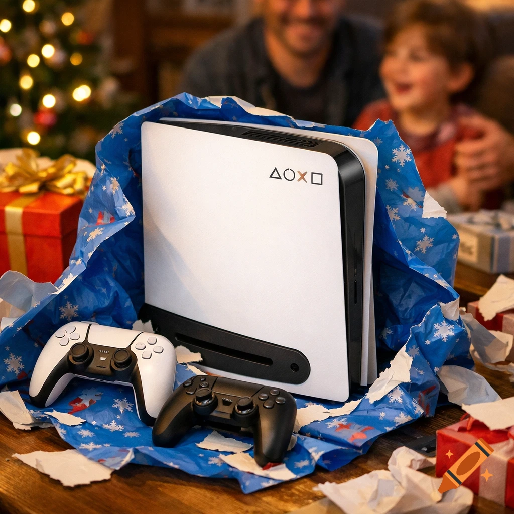 A white PlayStation 5 console and two controllers sit on blue snowflake wrapping paper next to gifts, with blurred family members in the background.