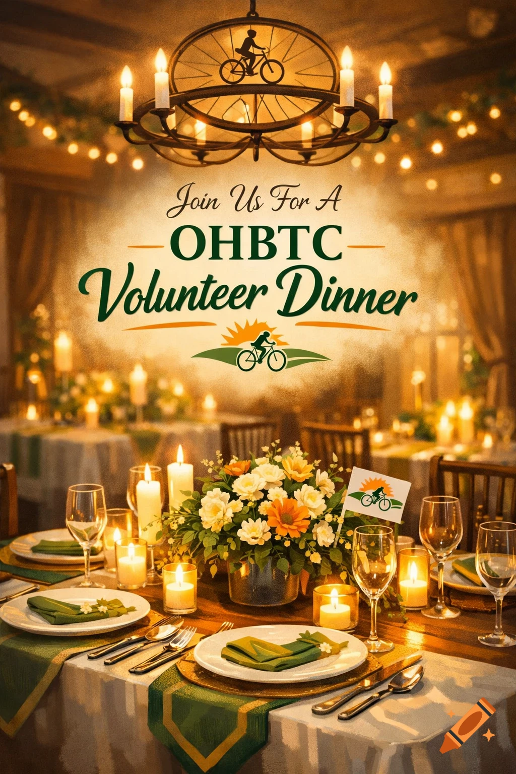 Illustrated invitation for an OHBTC Volunteer Dinner, showing a warm candlelit dining room with decorated tables and a bicycle logo.