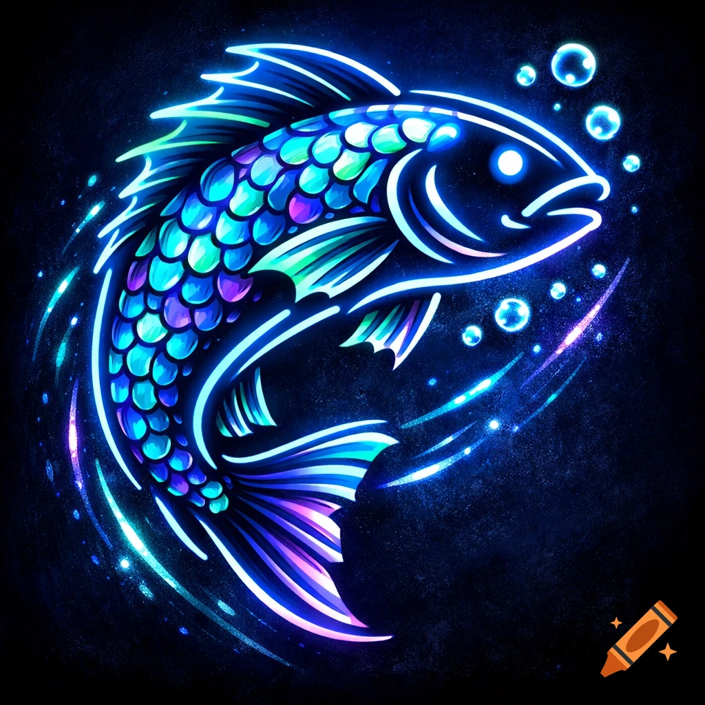 A stylized fish glows with blue, green, and purple neon outlines, against a dark, speckled background.