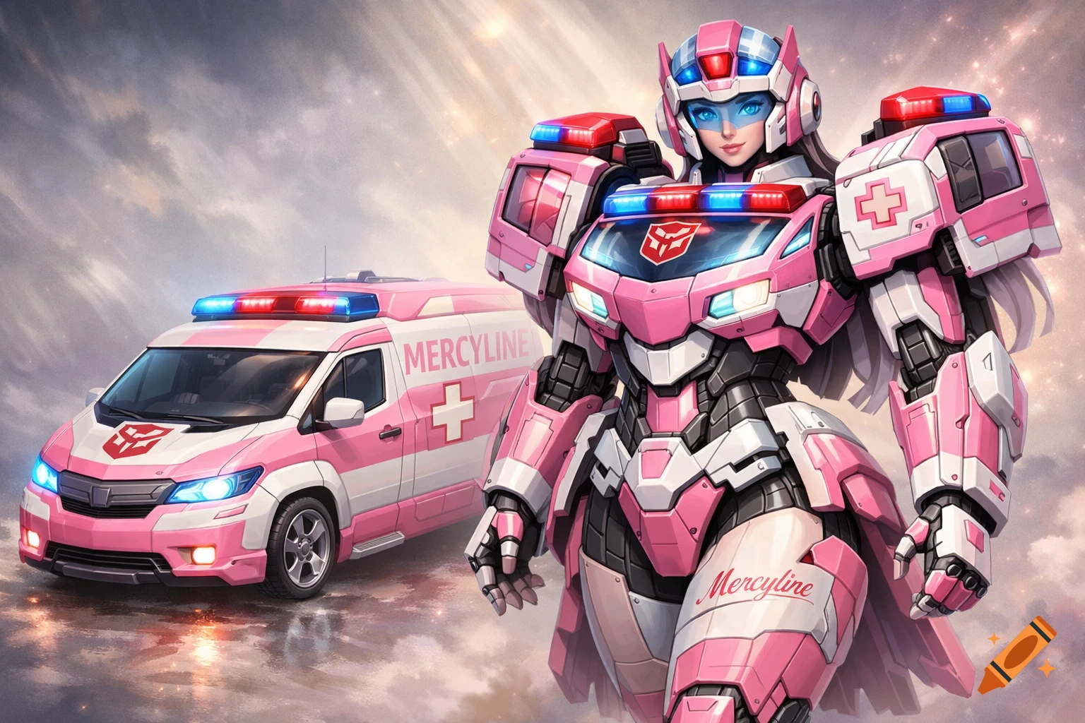 A pink and white female Autobot named Mercyline stands next to her matching ambulance vehicle mode.
