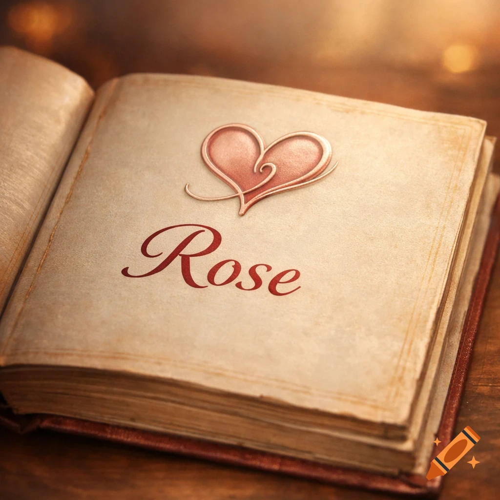 An open, old-fashioned book showing the word "Rose" in red script beneath a copper heart design on the right page.