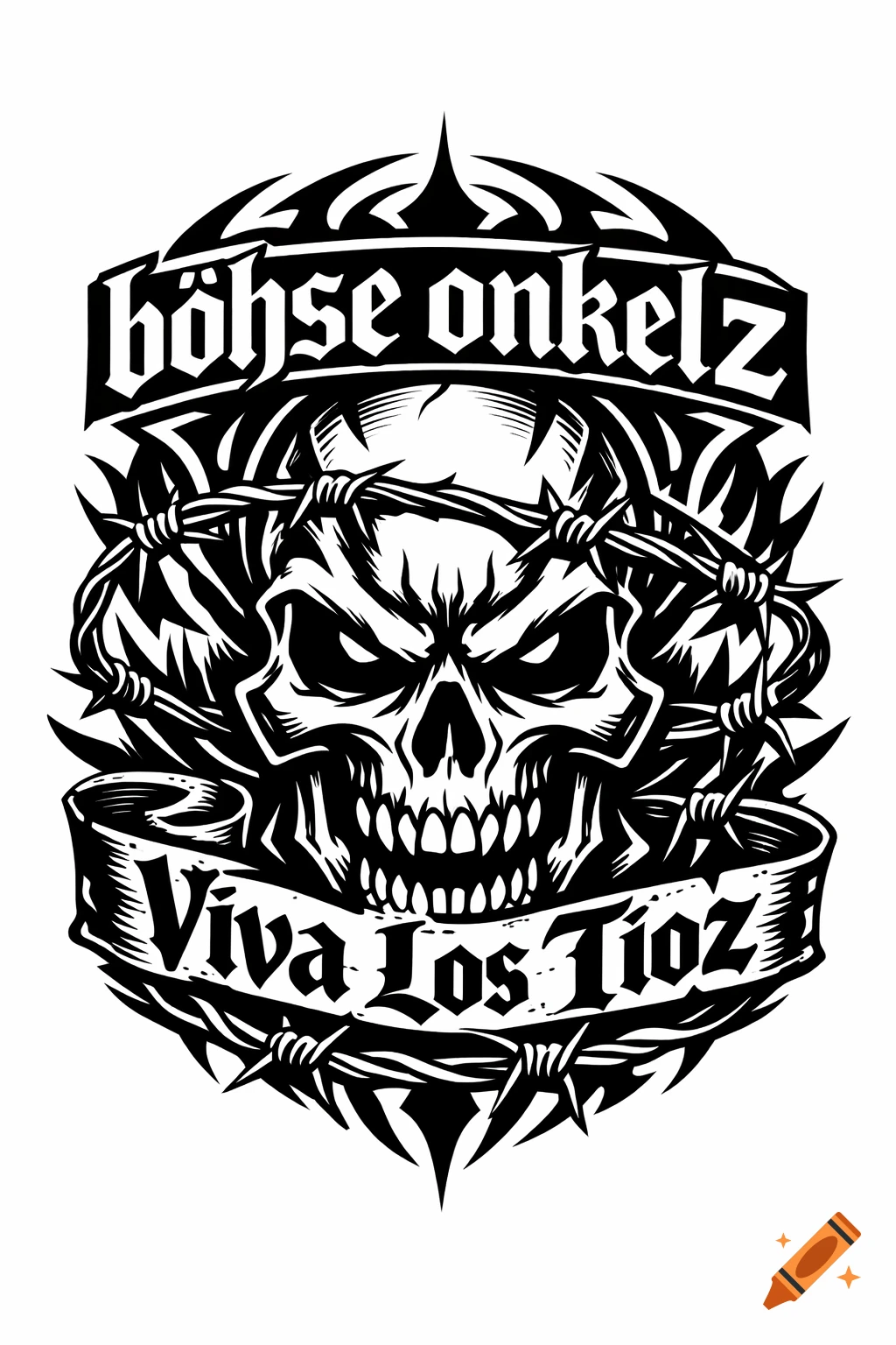A black and white illustration of an angry skull wrapped in barbed wire. Banners above and below the skull read "böhse onkelz" and "Viva Los Tioz" respectively. The design is stark and edgy.