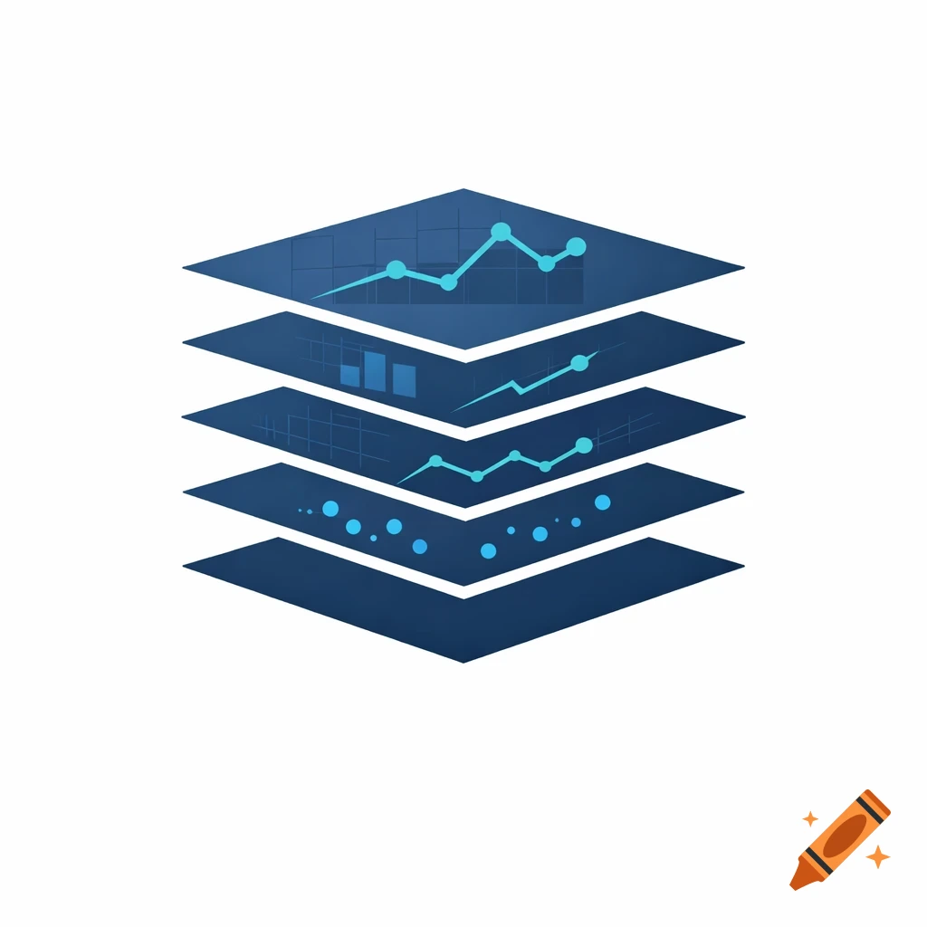 A vector logo showing five stacked blue planes with teal analytics graphs and data points on a white background.