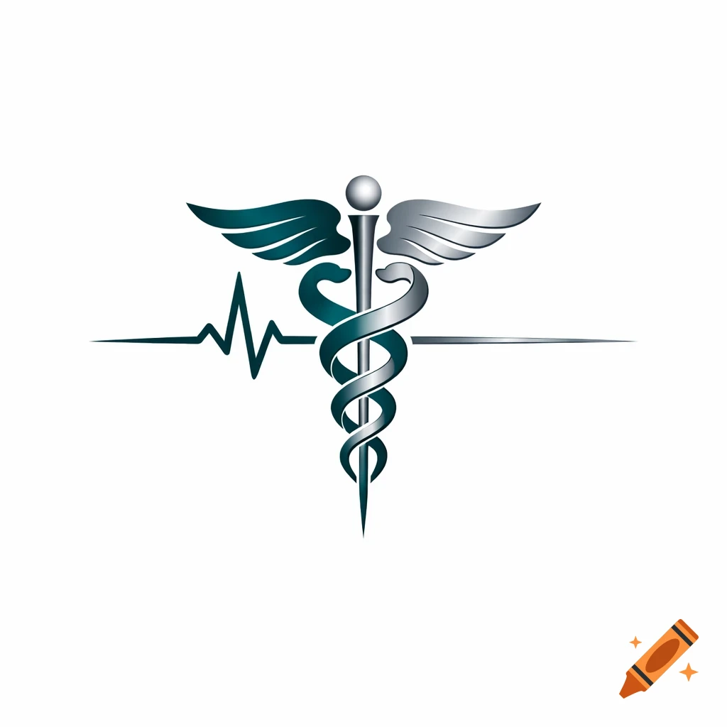 Metallic Caduceus medical symbol with a heartbeat line, rendered in a modern logo style.