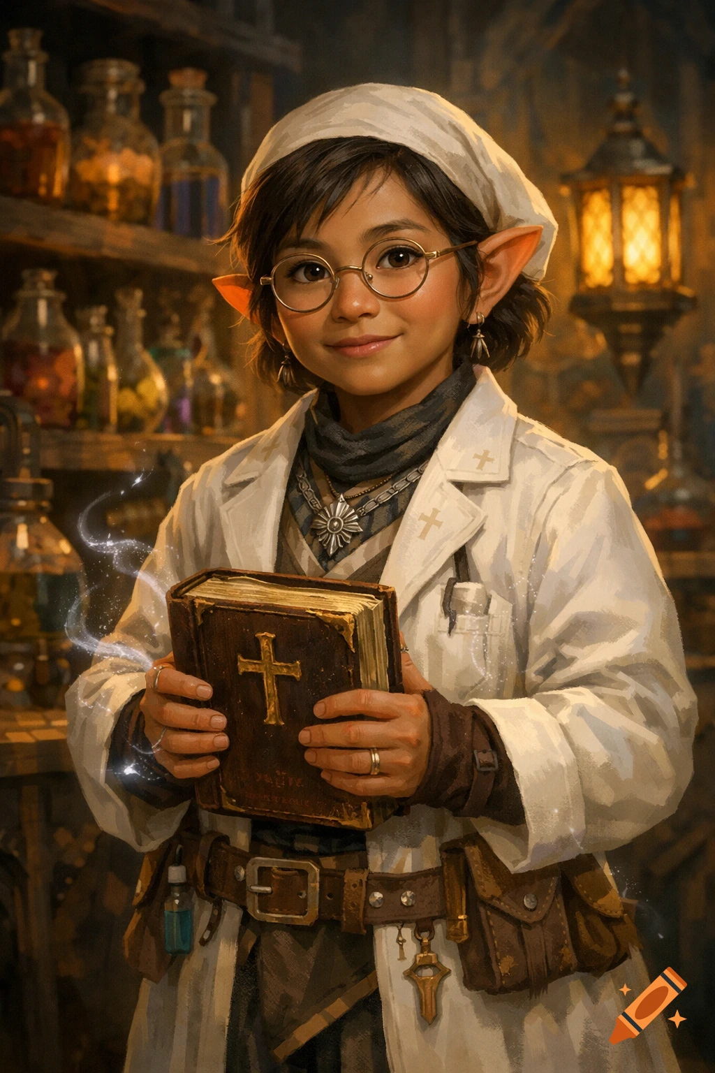 A young elf-like person in a white lab coat and round glasses holds an old book with a golden cross in a potion-filled room.